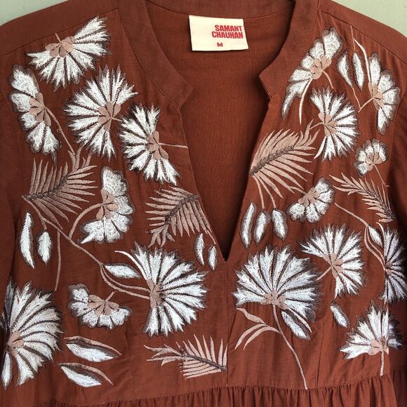 Anthropologie Samant Chauhan Dress M Embroidered Tiered Mini Babydoll Spice Boho - Picture 6 of 15